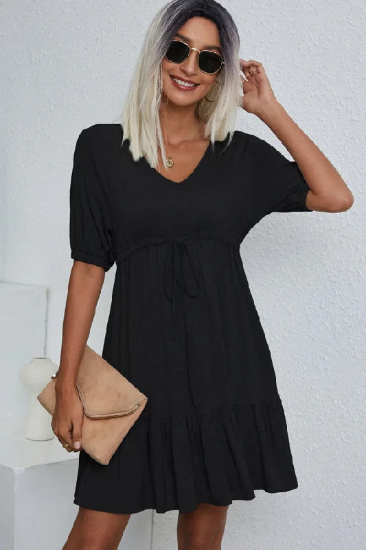 V Neck Drawstring Waist Solid Casual Mini Dress