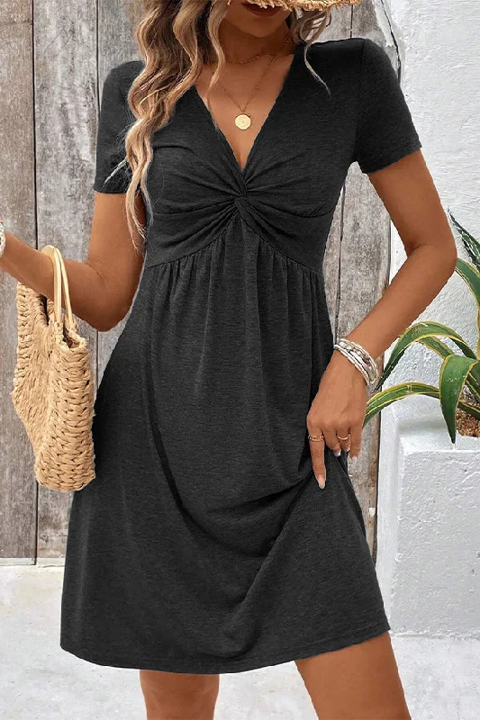 Solid Black Hook Design Short Sleeve Casual Dress