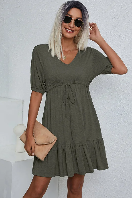 V Neck Drawstring Waist Solid Casual Mini Dress