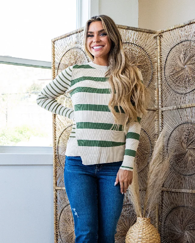 Kimberly Contrast Stripe Knit Top - Olive & Oatmeal