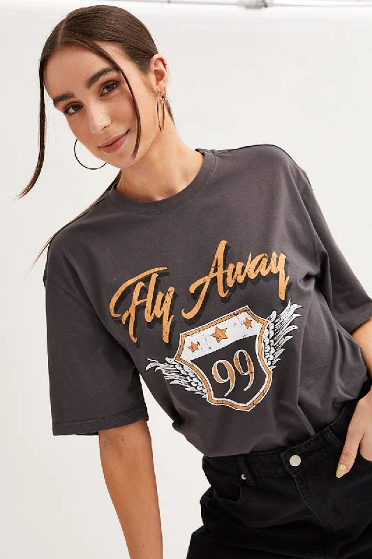 Grey T Shirt Short Sleeve Crew Neck Fly Away Cotton