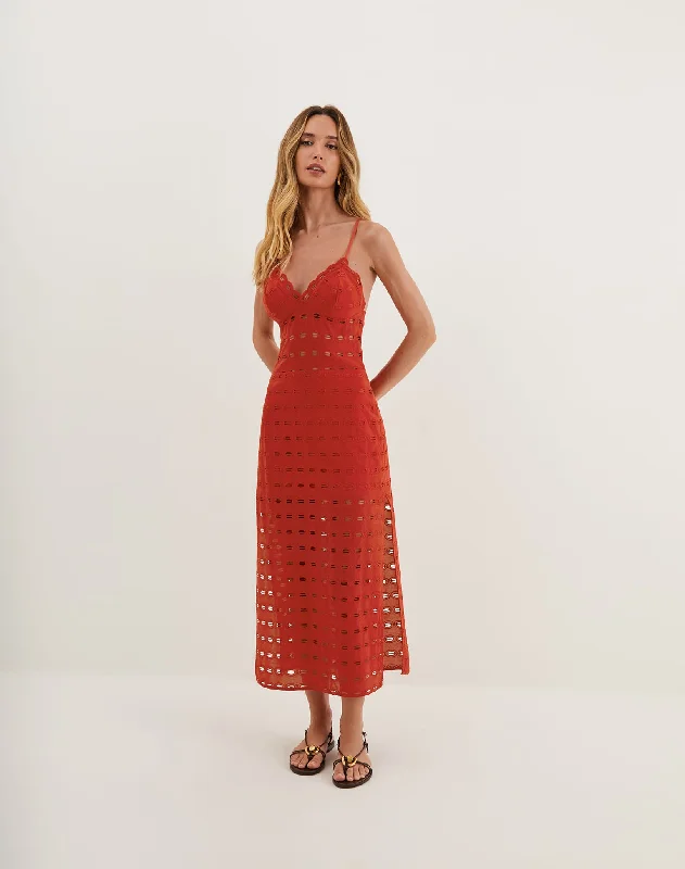 Eyelet Raya Midi Dress - Ruby