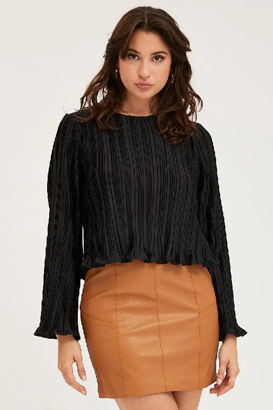 Black Plisse Top Long Sleeve