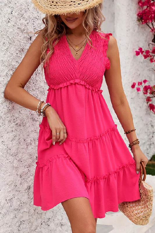 Fashion Solid Smocked V Neck Frill Casual Dress