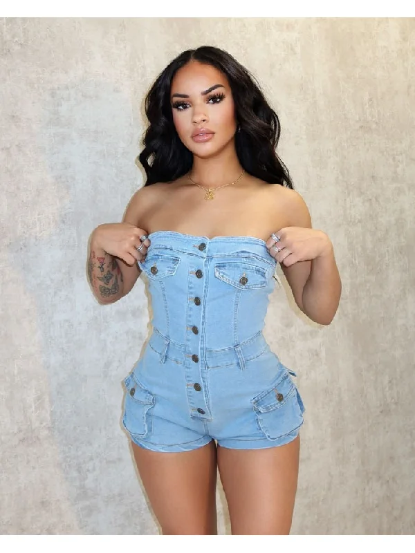 Cargo Pocket Denim Strapless Rompers