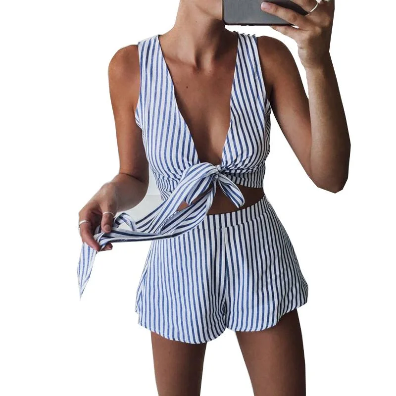 Blue Striped Casual Romper