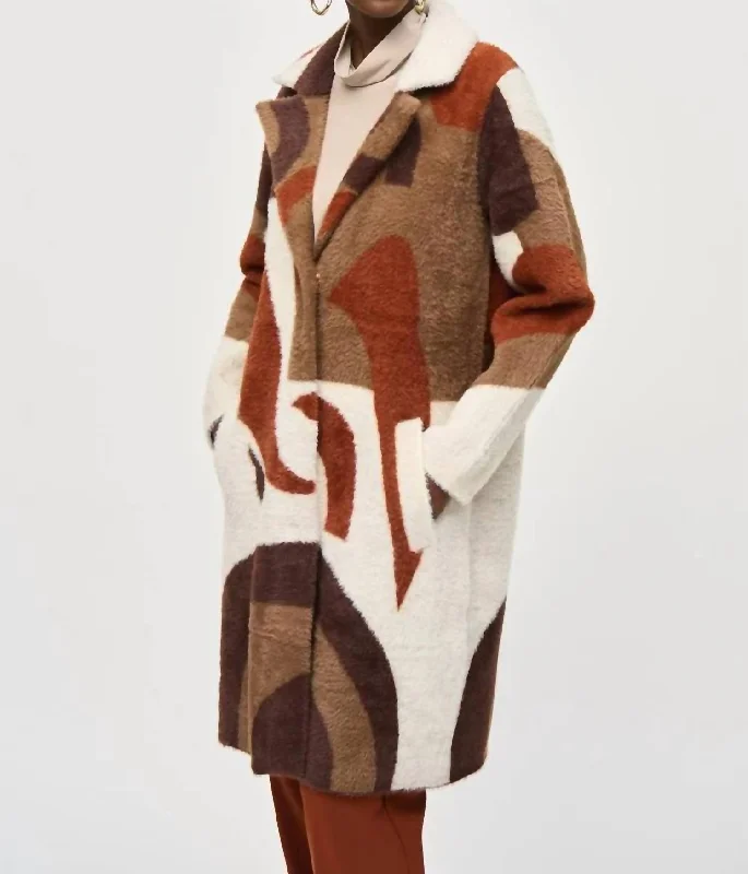 Abstract Print Feather Yarn Sweater Coat In Cinnamon Multi