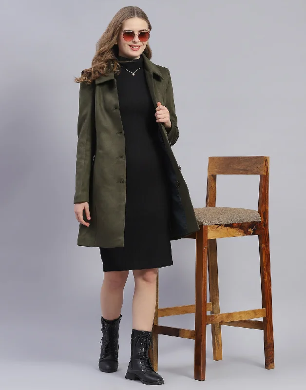 Women Olive Solid Collar Full Sleeve Coat