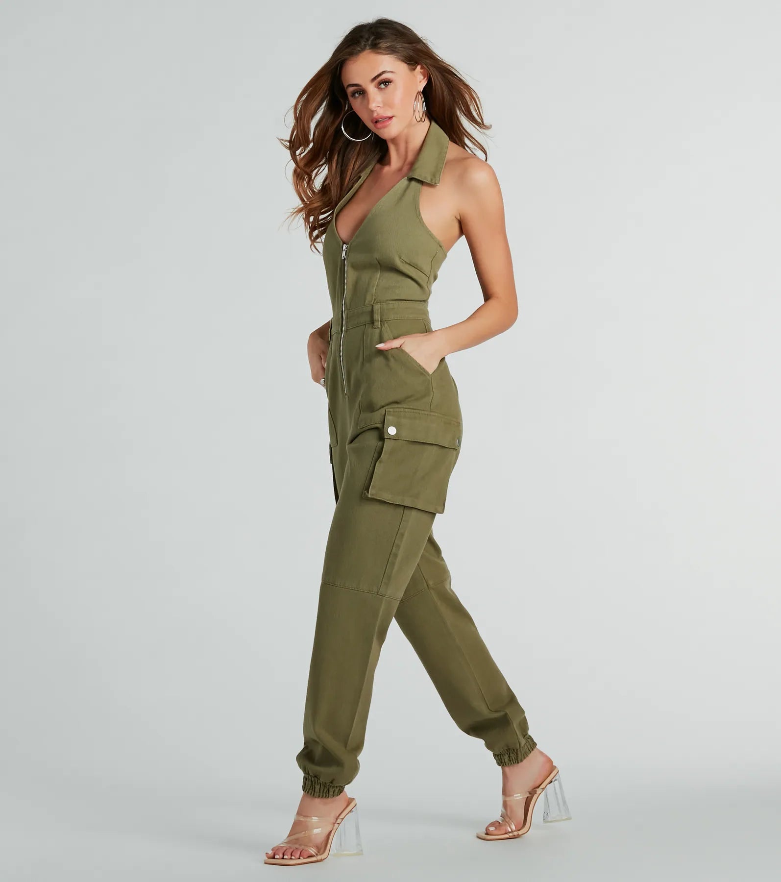 On The Hit List Halter Cargo Jogger Denim Jumpsuit