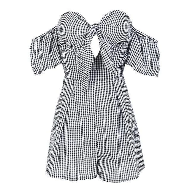 Off shoulder Plaid Jumpsuit Romper Women Sexy Backless Bow High Waist Playsuit