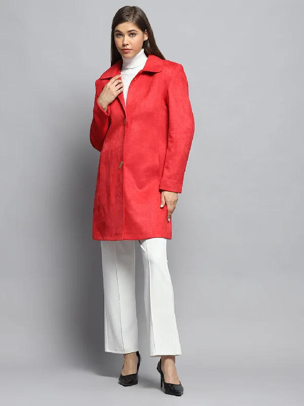 Women Rust Solid Collar Full Sleeve Coat