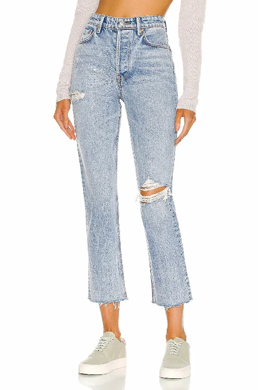 Karolina High Rise Straight Crop Jeans In Larchmont With Rip