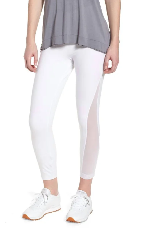 Skylar High Elastic Waist Cotton Crop Mesh Detail Leggings In White