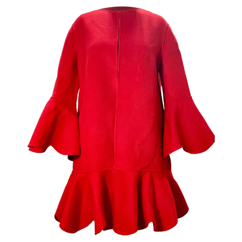 Valentino Garavani Ruffled Hem Bell Sleeve Coat in Red Wool