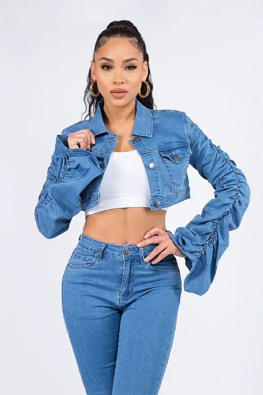 Women's Scrunched Bungee Sleeve Cropped Denim Jacket