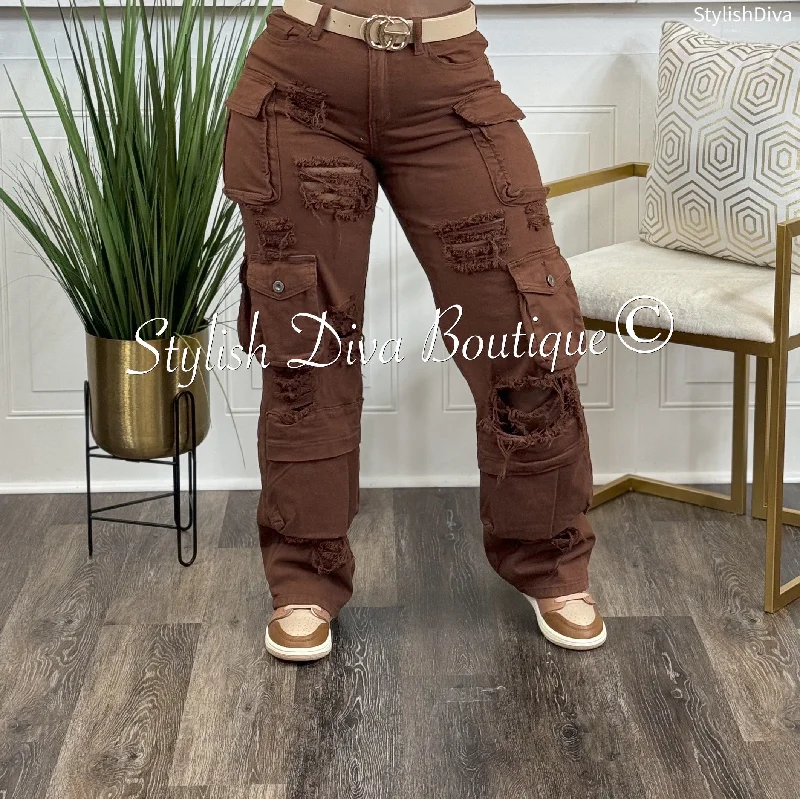 Diva Distressed Cargo Pants (Chocolate Brown)