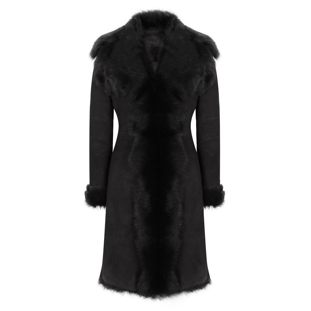 Black Luxury 3/4 Length Ladies Suede Real Toscana Sheepskin Coat Tailored Fit