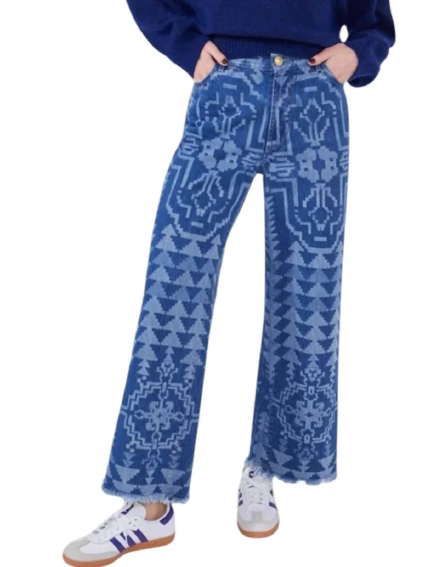 Laser Printed Cropped Wide Leg Jeans In Blue