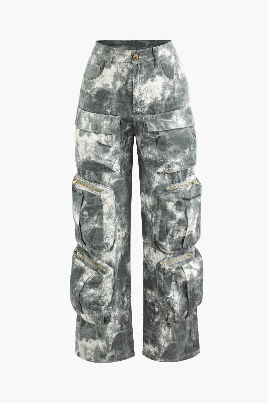 Tie Dye Multi Pocket Straight Leg Cargo Jeans