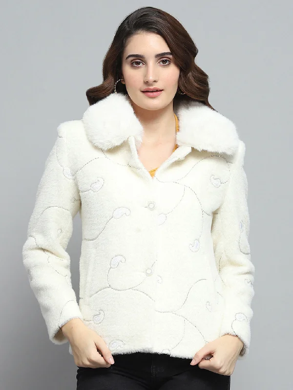 Women White Self Design Collar Full Sleeve Coat