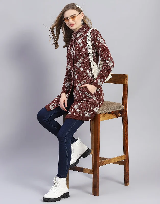 Women Maroon Jaquard Round Neck Full Sleeve Coat