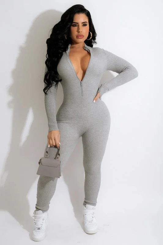 Zipper Mock Neck Long Sleeve Ribbed Jumpsuit