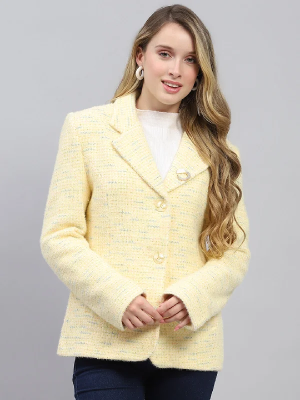 Women Mustard Self Design Collar Full Sleeve Coat