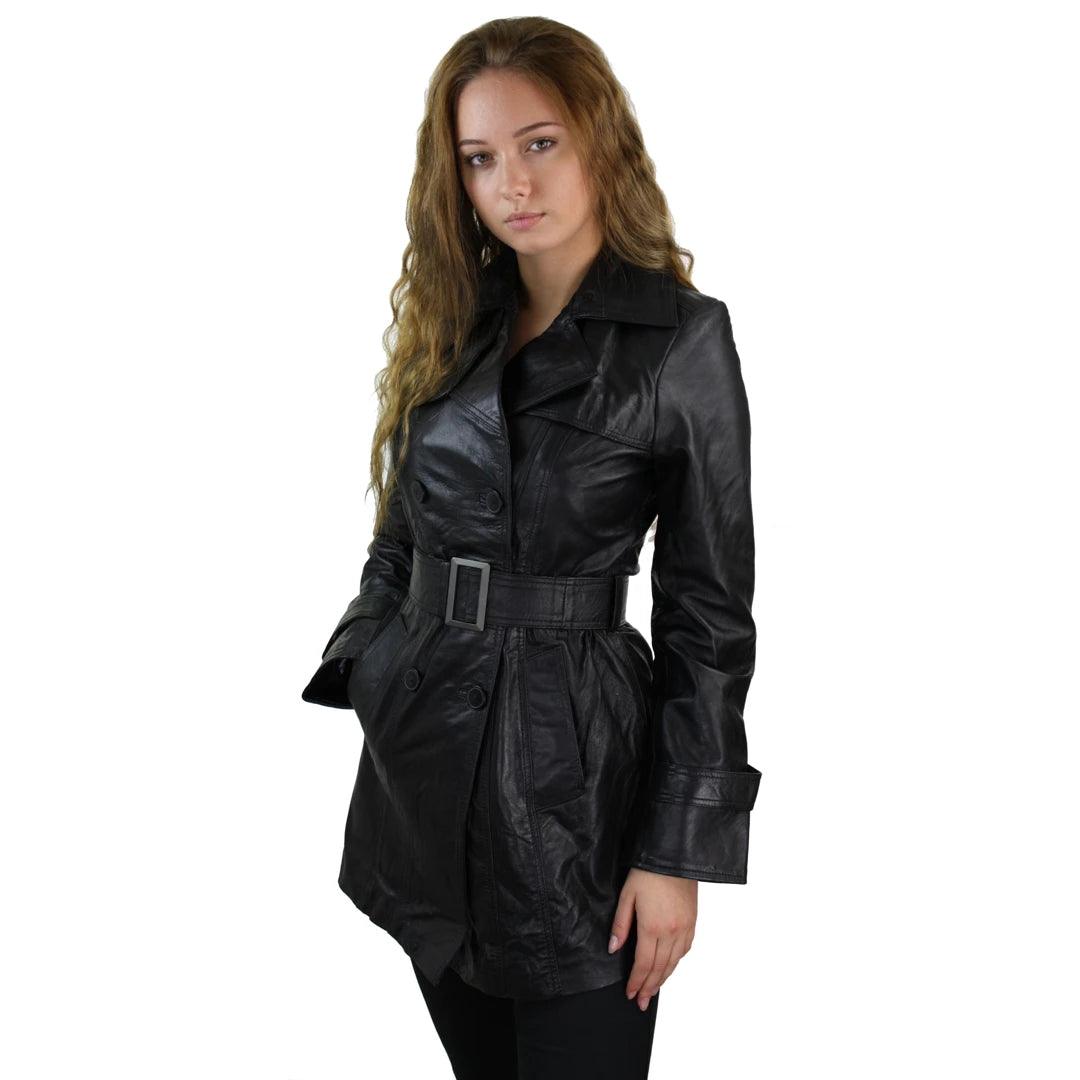 Women's 100% Real Mid Length Military Blazer Retro Leather Jacket Black