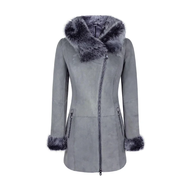 Grey Ladies Long Suede Real Toscana Sheepskin Coat Zipped Hood Tailored Fit