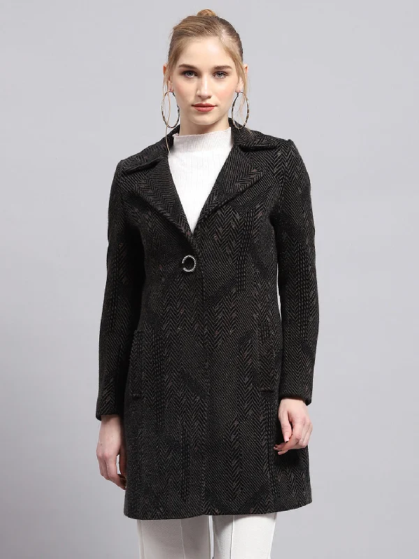 Women Black Self Design Collar Full Sleeve Coat