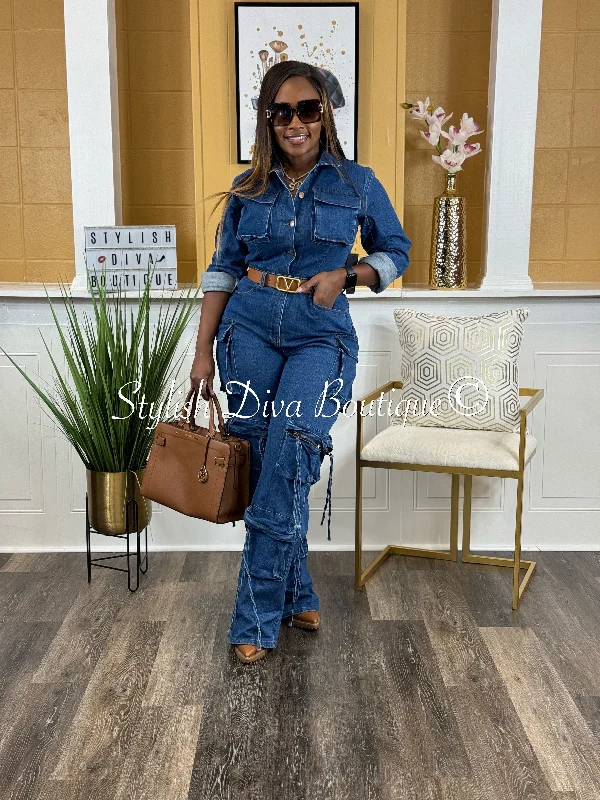 Zena L/S Cargo Denim Jumpsuit up to 3XL (Medium Wash)