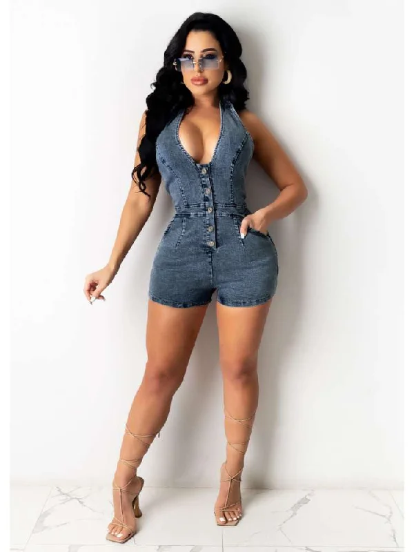 Denim Halter Lace Up Backless Rompers