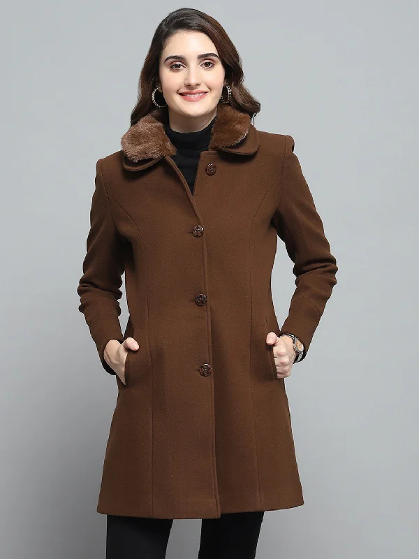 Women Brown Solid Collar Full Sleeve Coat